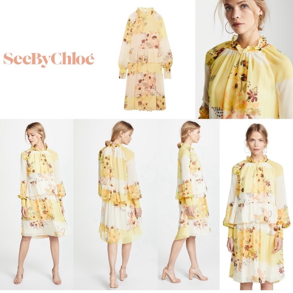 SEE BY CHLOE Tiered Floral-print Long Sleeve Georgette Yellow Dress Size 6/IT 38 - Picture 11 of 12